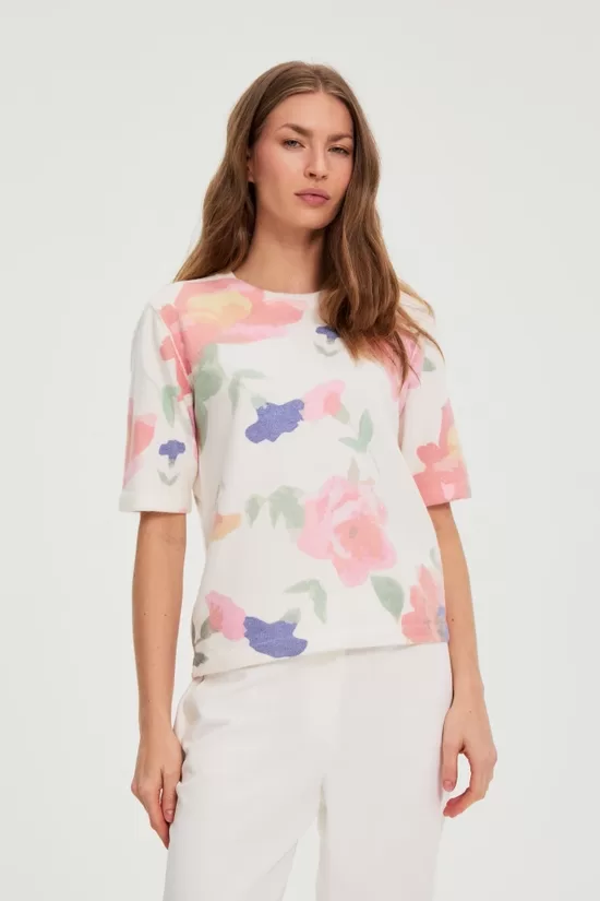 Džemperis sievietēm ar ziedu rakstu Moodo,L-SW-4909,balts